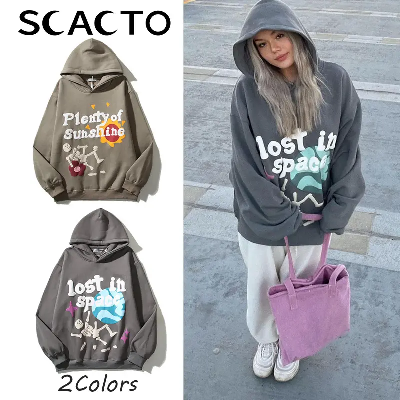 Scacto Unisex Skull Halloween Print Hooded Sweatshirt - Graffiti Foam Letter, Long Sleeves, Fleece-Lined Cotton Blend, Loose-Fitting, Hooded Neck, Casual Daily Wear Top, Longsleeves