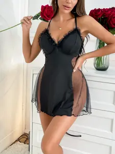 Women's Sexy Lace Halter Dress, Crossed Thin Straps Side Transparent Design, Home Nightwear Sleepwear, Fitted Sweet Lolita Style, Lace Trim Nightgown