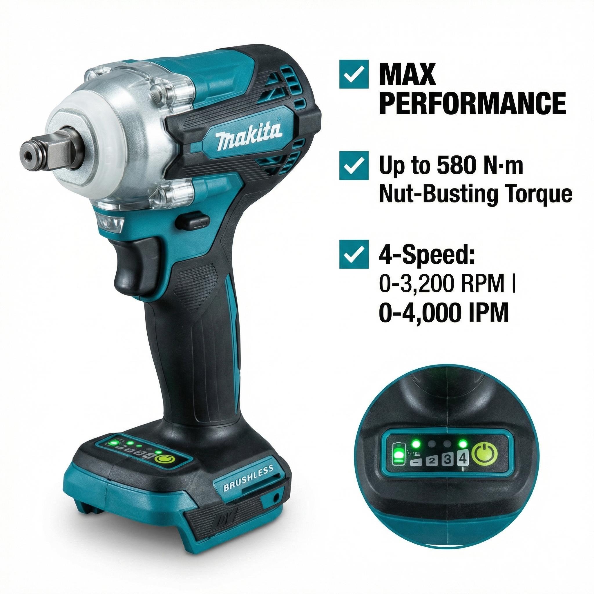 Makita DTW300 Brushless Impact Wrench with 18V Battery & Charger – 330 N·m Fastening Torque for M10 to M20 Bolts