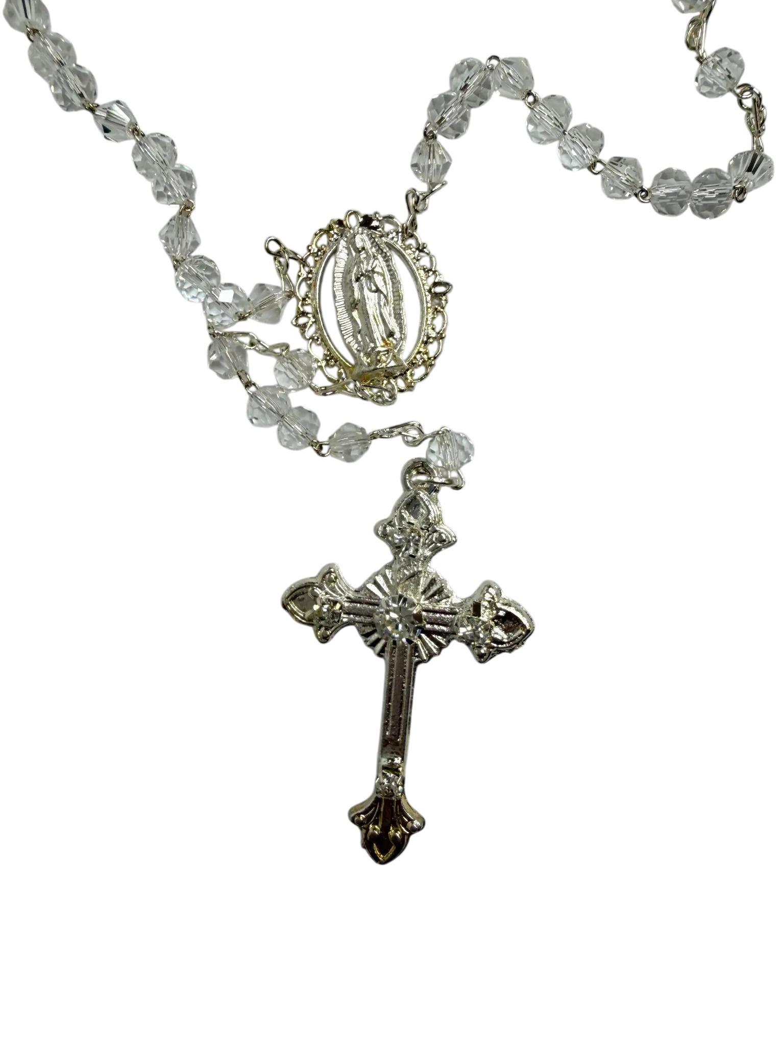 Clear Crystal Quinceañera Rosary with Silver Cross & Virgin of Guadalupe