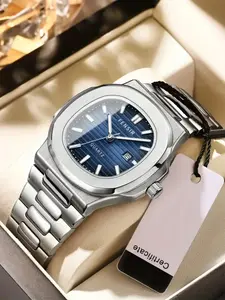 Men's Stainless Steel Watch, Square Dial Classic Style Luxury Calendar Display, Butterfly Clasp, Silver Color, Business Quartz Movement, Quartz Wristwatch, Square Watches, Analog Quartz Watch, Business Fashion Watches