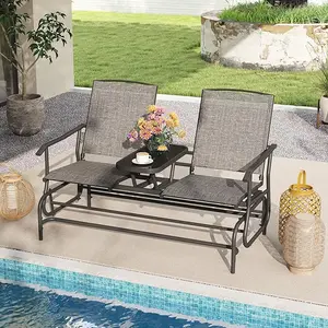 COSTWAY 2 Person Swing Glider Chair, Patio Rocking Loveseat w/Center Tempered Glass Table, Outdoor Swing Bench w/Steel Frame & Breathable Mesh Fabric for Porch, Balcony, Poolside-COSTST
