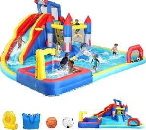 Large Inflatable Water Slide Park, 19x17x8 Ft 10 in 1 Water Bounce House with Blower, Dual Splash Pool, Water Cannon, Basketball & Soccer, Backyard Blow Up Water Slides Bouncy Castle for 3-10 Kids