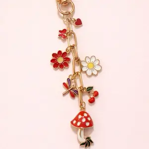 Charm Chain for Kindle Bag Cottage Core with Mushroom Dragonfly Daisy Charms Oxidized Brass Swivel Snap Hook 6 Inches Total Length