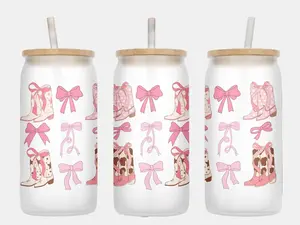 Pink Cowgirl Boots Design, Frosted Glass Can, Western, 16oz Glass Cup with Bamboo Lid and Straw, Glass Tumbler, Bows, Coquette Cup Design, Aesthetic