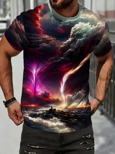 Unisex Vintage T-Shirt, Gradient Sunset Print, Loose Fit Short Sleeve, Casual Daily Wear, Outdoor Commute, Trendy Fashion