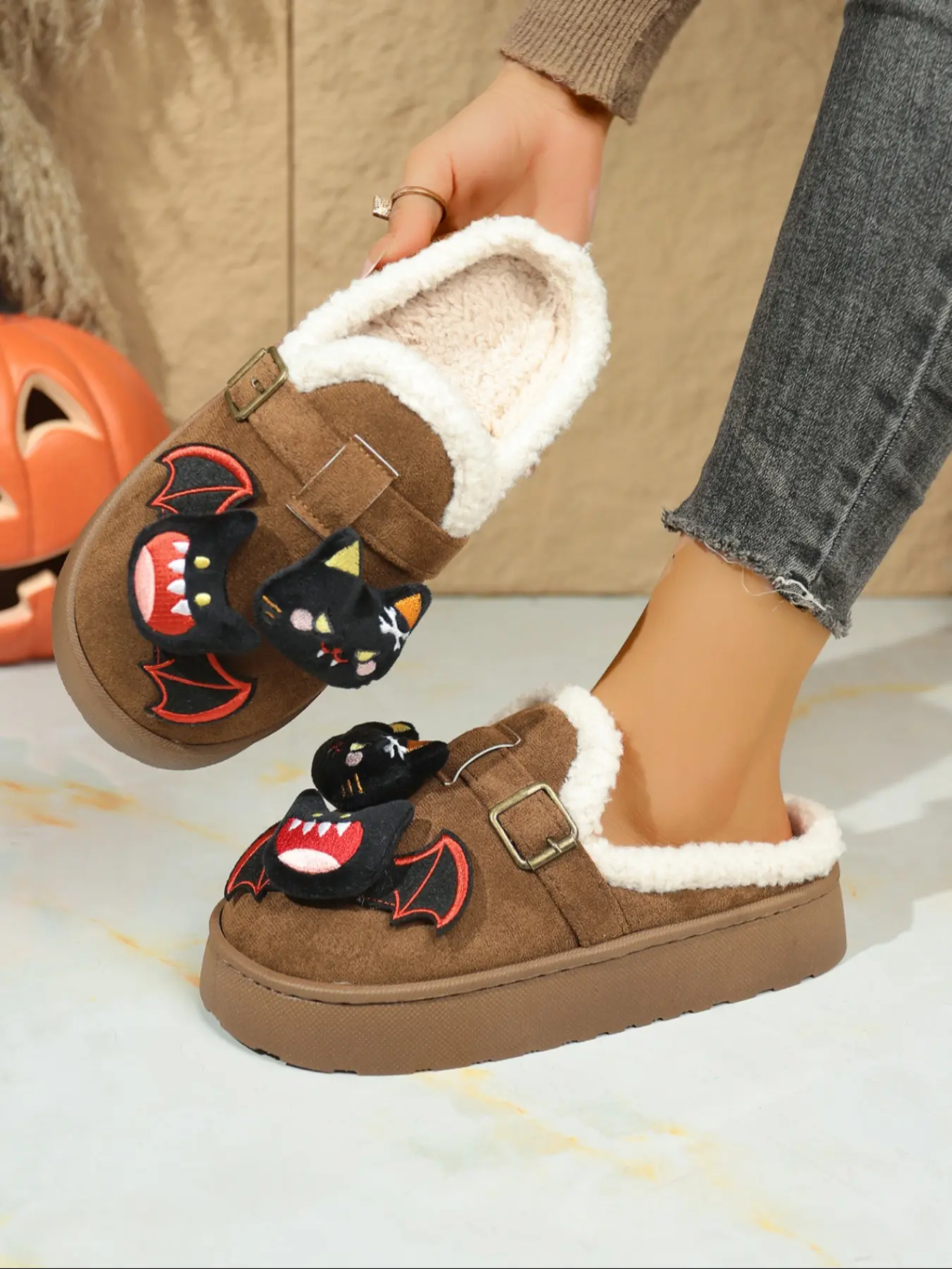 New Halloween Cute Devil Bat Plush Slippers for Women, Fall Winter Warm Home Outdoor Wear Thick Sole Cotton Shoes