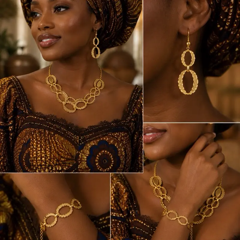 Boummaci Luxury Gold-Plated Elegant Matching Jewelry Set - Necklace, Bracelet + Earrings, Ring, Everyday Wear, Date Gift for Her