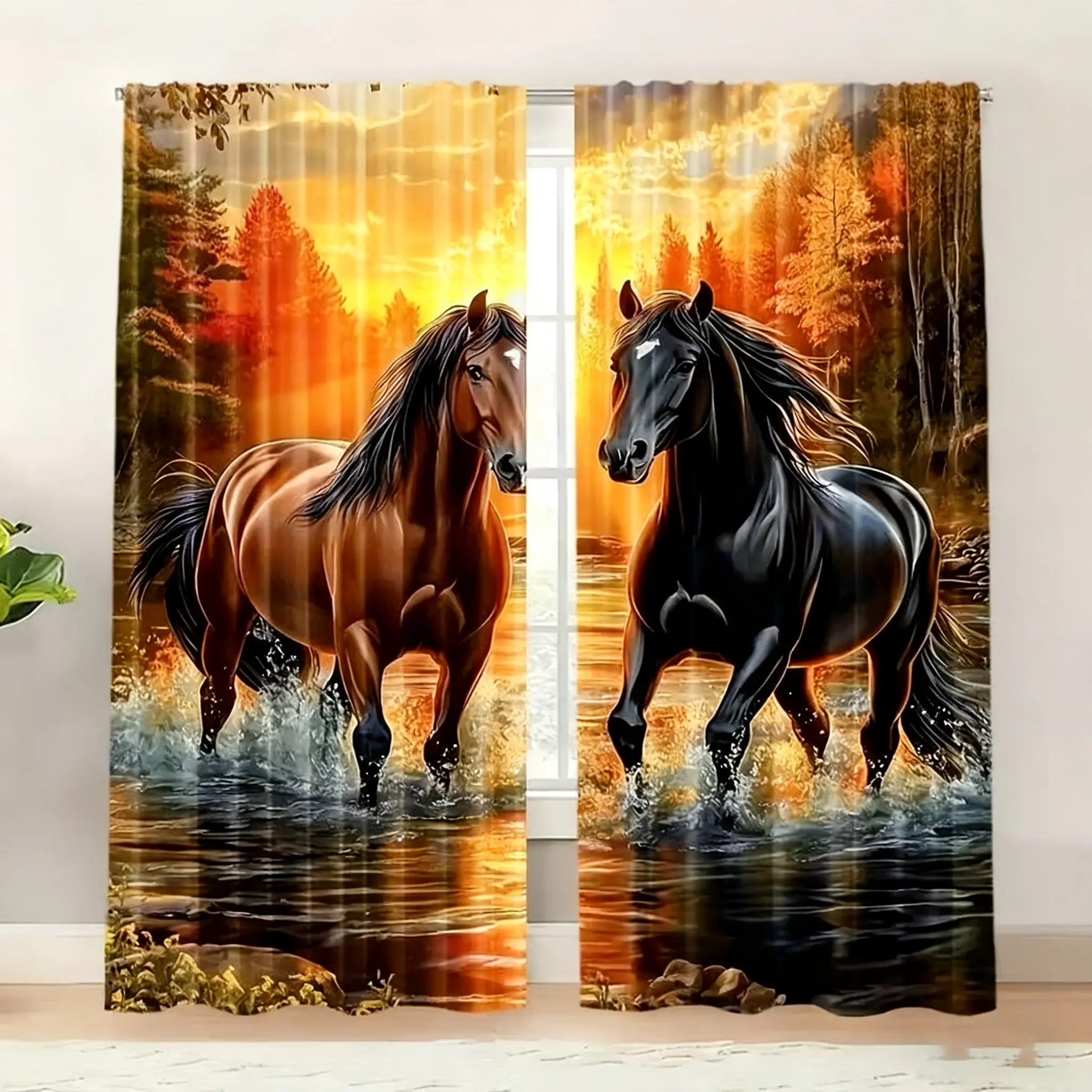Elegant Horse Curtains Set of 2, Translucent Privacy Drapes with Sunset Scene, Polyester Decorative Window Covering for Living Room Bedroom, Home Decoration Curtain for Windows, Interior Decoration Accessories