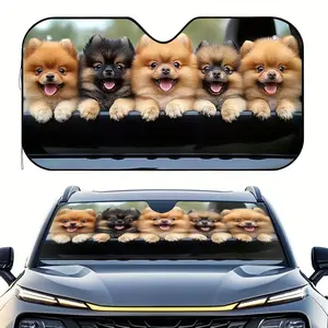 1pc Cute Pomeranian Dog Design Car Sunshade - Foldable Universal Front Windshield Shade with 4 Suction Cups, Polyester UV Protection & Heat Shield, UV Protective Sunshade for SUVs Sedans Vans Trucks
