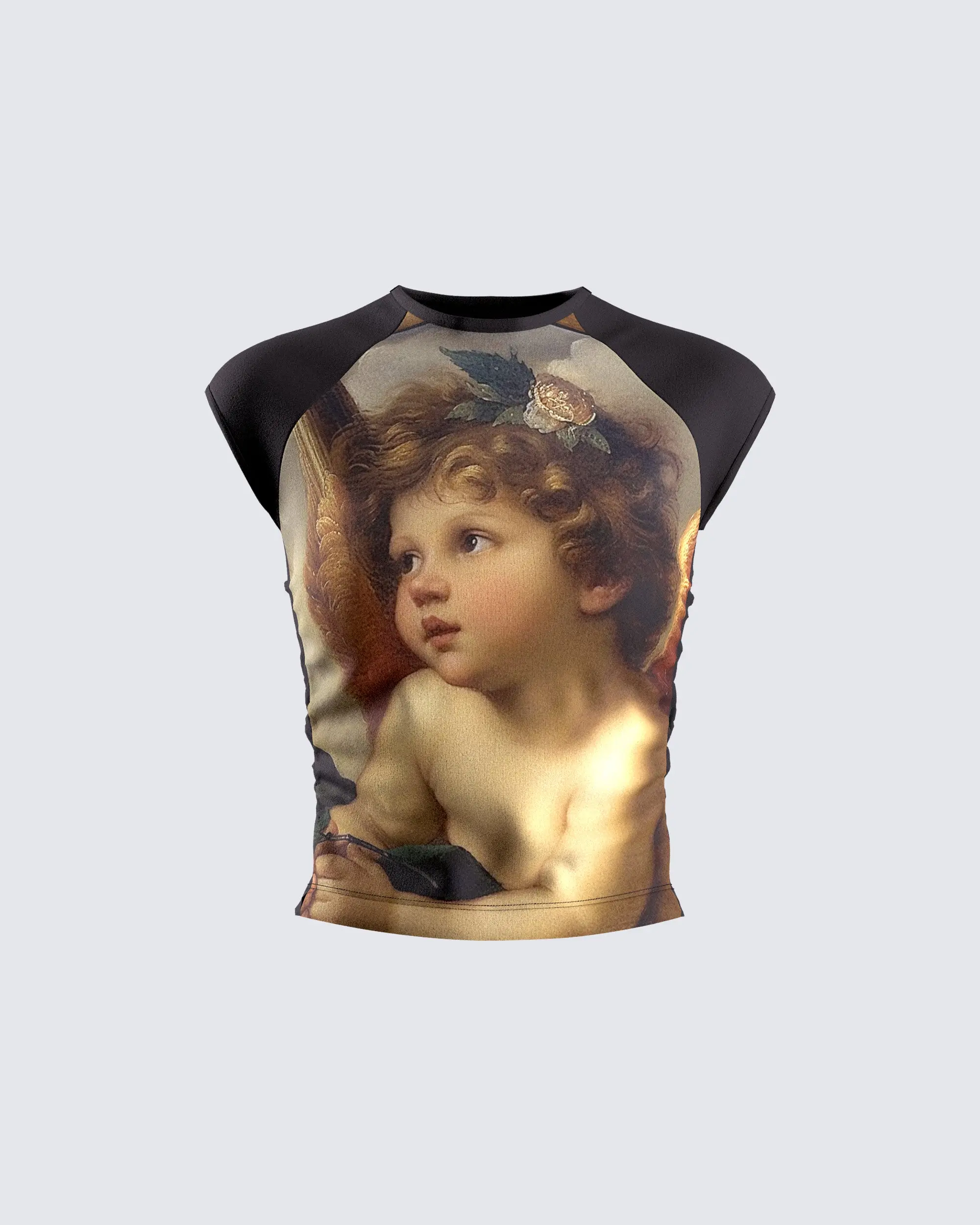 Men's Fitted Black Cheryse Angel Graphic Spandex Jersey Crop Tshirt - Cap Sleeve, M Size, Renaissance, Baroque, Streetwear, Casual, Museum Vibes Menswear Top, Crop Top, Mensfashion, Renaissance Art, Crew Neck, Jersey Spandex