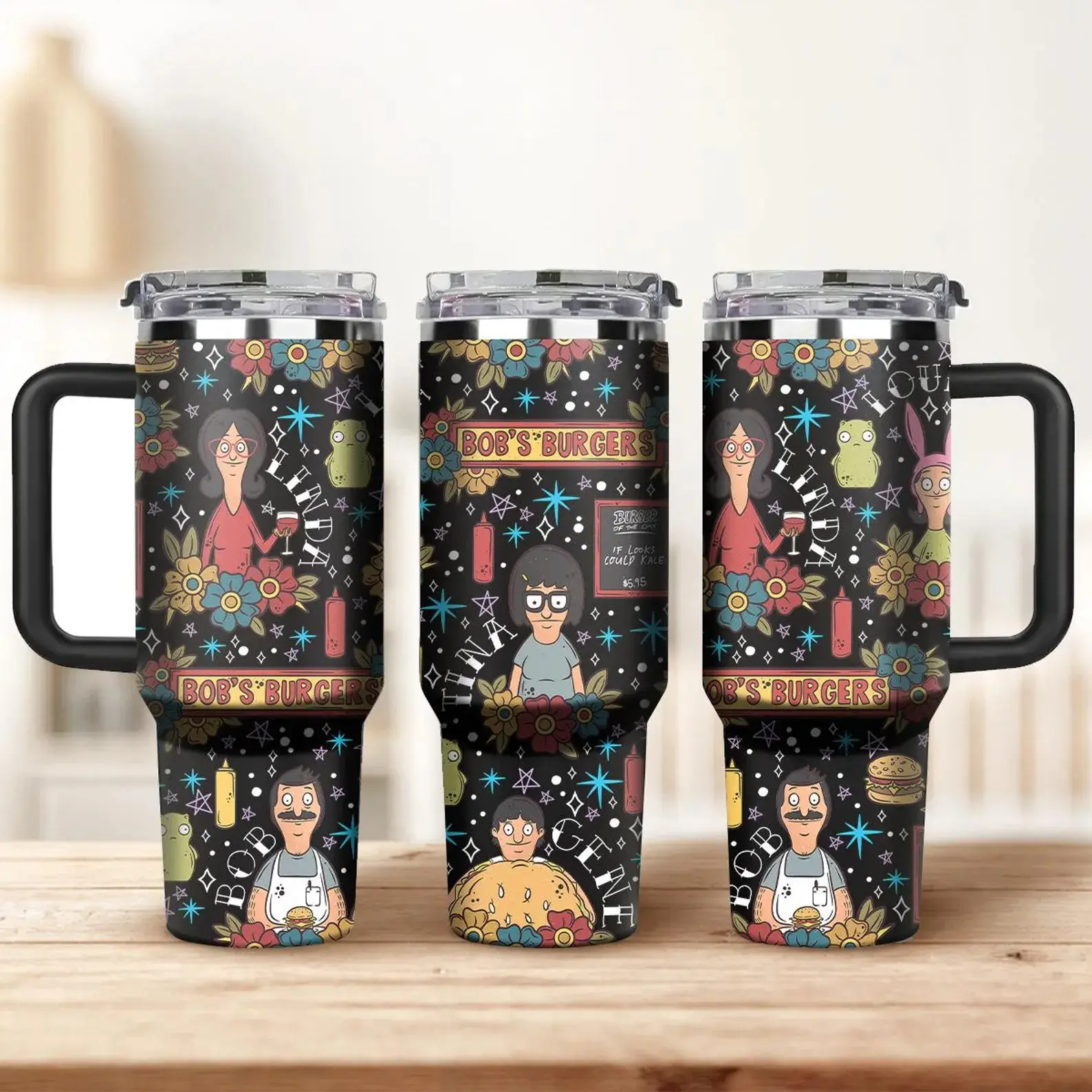 Bob’s Burgers 40oz Tumbler With Handle, Cartoon Family Cup, Custom Burger Menu Stainless Steel Travel Mug, Funny Animation Gift, Gift For Fans