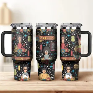 Bob’s Burgers 40oz Tumbler With Handle, Cartoon Family Cup, Custom Burger Menu Stainless Steel Travel Mug, Funny Animation Gift, Gift For Fans