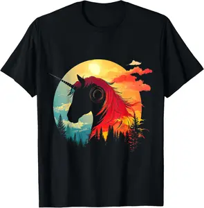 100%cotton Unicorn Mythical Fantasy Artwork Music Headphone Unicorn T-Shirt