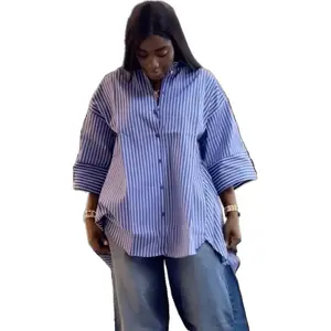 Autumn and winter clothing Slim Fit Blue Striped Long Sleeve Shirt Loose Fashionable Women's 2025 New Casual Button up Top for Women