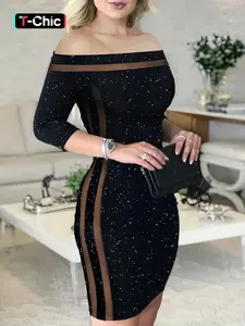 Women's Glitter Contrast Mesh Off Shoulder Bodycon Dress, Elegant Classy Flattering Fashion Short Dress for Party Club Dating Wear, Women Dress for All Seasons
