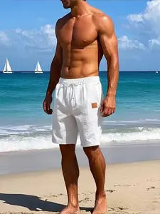 Men's Linen Solid Color Shorts, Waist Tie, Loose Fit, Breathable, Casual Style, Outdoor Sports, Daily Wear, Home Clothing