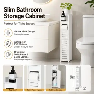 White Modern Bathroom Storage Cabinet with Sliding Doors and Shelves - Heavy-Duty PVC Corner Unit, Space-Saving Toiletries Organizer, Easy-to-Assemble Cabinet , Suitable for Bathroom, Bedroom, Corridor - Compact Shelving System,  (Model DM149)