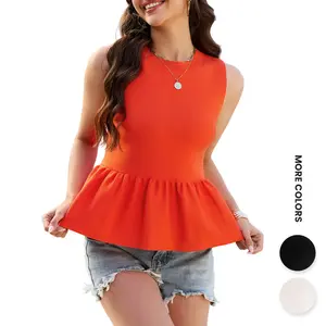 Aswulk Womens Sleeveless Babydoll Tank Tops Peplum Ruffle Crew Neck Ribbed Knit Summer Trendy Sweater Vest