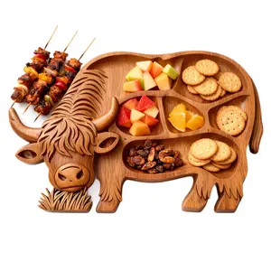 Highland Cow or Heart-Shaped Wooden Plate, Multi-Compartment Rustic Farmhouse Serving Snack Tray, Pine Wood Party Plates for Parties & Bbqs