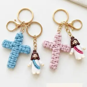 Pink Cross Keychain Handmade Woven Faith Cross Pendant Keychain Woven Cross Keychain