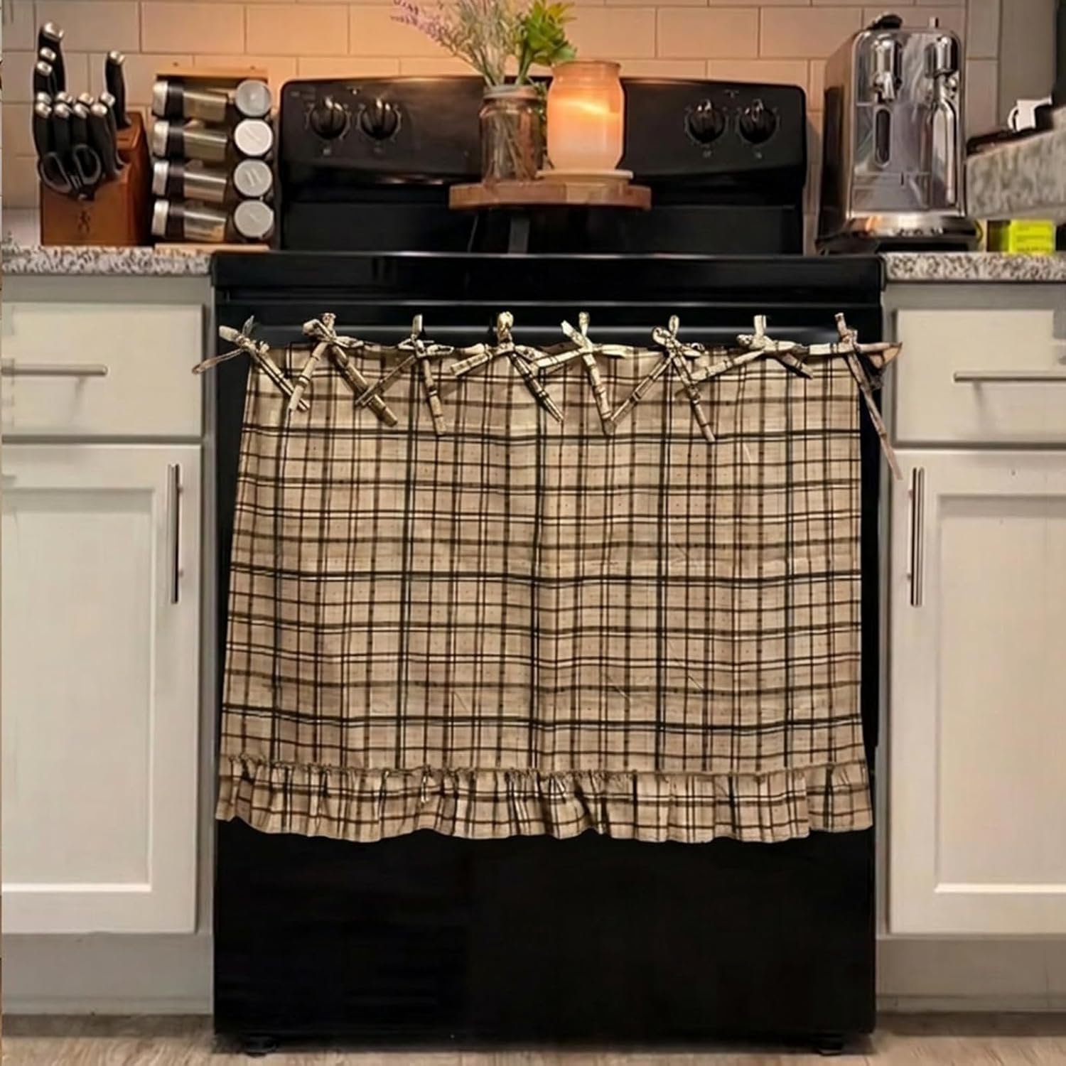 Handmade Oven Skirts Oven Skirt Curtain for Door, Oven Curtain Tie Top Farmhouse Kitchen Décor Heat-Resistant Effortless Install Hide Clutter for Oven,Dishwashers Washing Machine