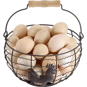 8 Inch Rustic Vintage Round Wire Egg Basket with Rooster Pattern Solid Bottom, Metal Egg Holder for Gathering Fresh Eggs, Egg Storage for Kitchen Countertop