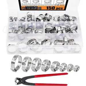 150 count 304 Stainless Steel Single Ear Hose Clamp with Ear Clamp Pincer, 6-23.5mm Crimp Hose Clamp Assortment Kit Cinch Rings Crimp Pinch Tools  for Automotive,  Appliance Line and Plumbing