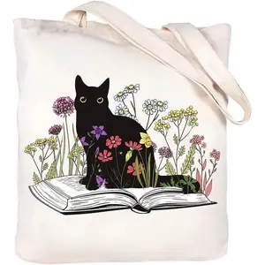 Canvas Tote Bag For Woman Funny Aesthetic Tote Bag ， Cute Cat Flower Tote Bag Reusable Grocery Bags Totes，Double-sided printing