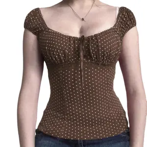 Women Y2k Polka Dot Babydoll Shirt E-Girl Vintage Crop Top Short Puff Sleeve Tie frontFitted T-Shirt Going out Tops Party Streetwear