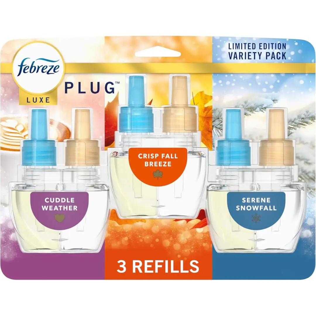 Febreze Plug In Air Freshener, Odor-Fighting Scented Oil Refill, Air Fresheners for Home and Bathroom and Kitchen, Long Lasting for Strong Odors, Premium Holiday Mix, 0.87oz Refills, 3 Count