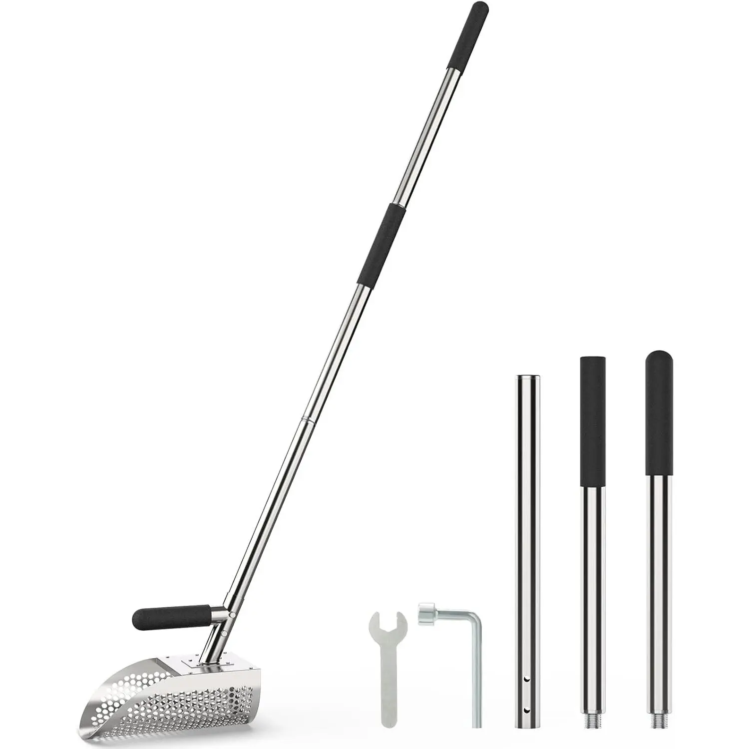 Sand Scoop for Metal Detecting with Long Handle, 304 Stainless Steel Shovel, Riveted & Welded Build – Rust-Resistant, Durable Beach Sand Sifter for Treasure Hunting