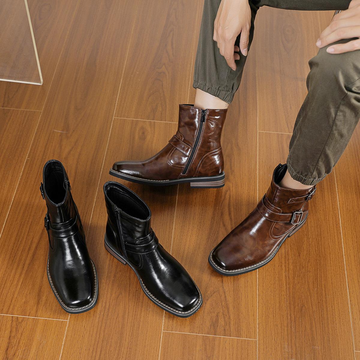 CYUW Men’s Retro Buckle Ankle Boots, Side Zipper Chelsea Boots, Everyday Casual Low-Heeled Dress Boots (Black/Brown)