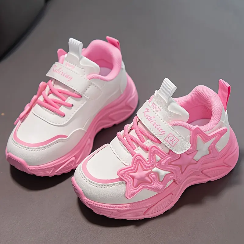 Fashion Sneakers, Pink Star Pattern, Low-Top PU Leather, Breathable Fabric Lining, Rubber Sole, Magic Tape Closure, Casual Sports Shoes, All-Season, Round Toe, Ages 14 and Under