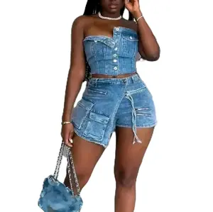 2 Piece Denim Button Tube Top And Cargo Multipockets Skort Set two-piece set