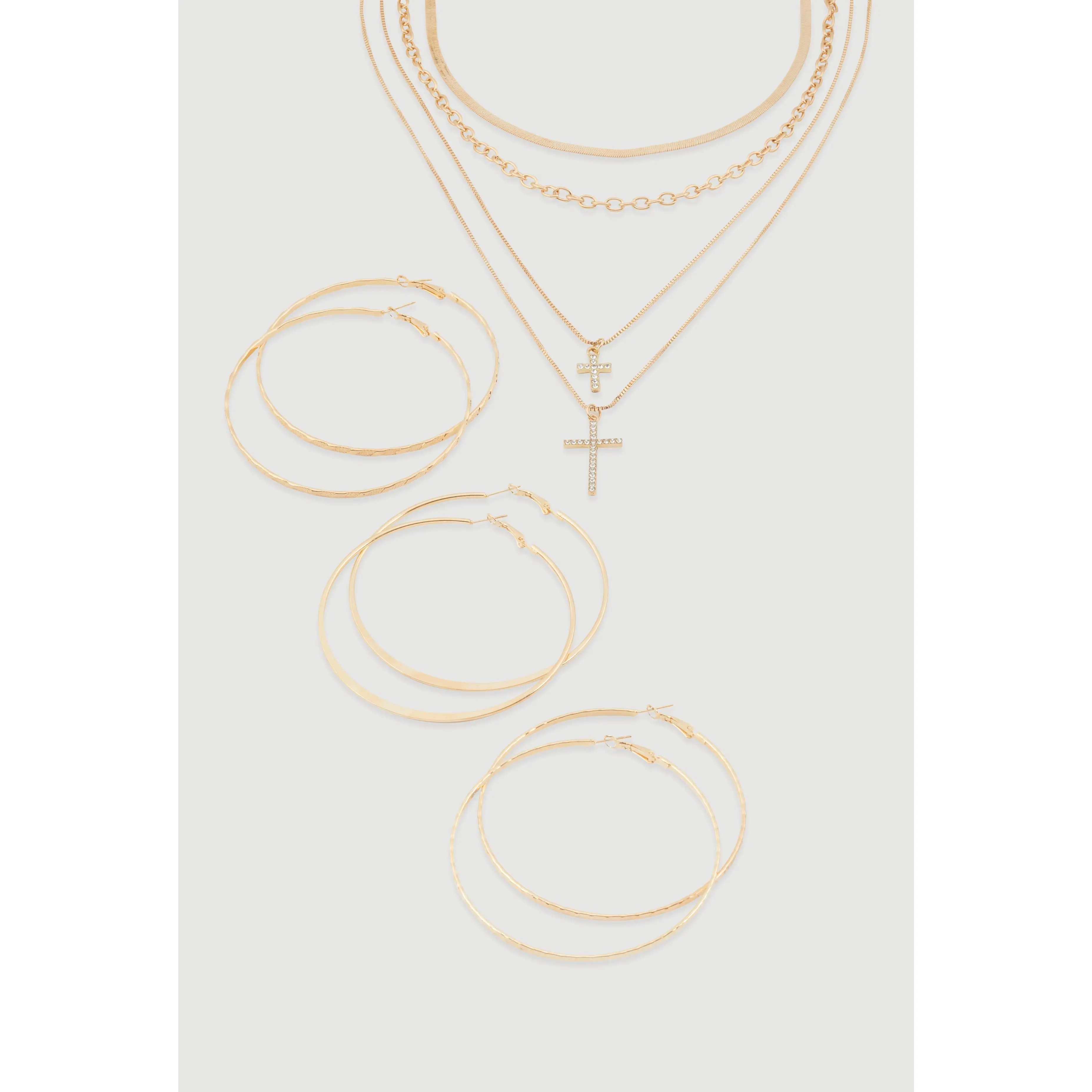 Cross Layered Necklace with Hoop Earring Trio