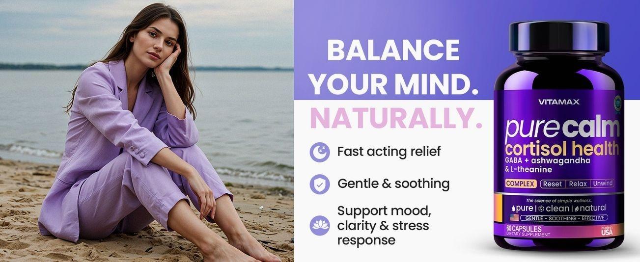 Vitamax Pure Calm Cortisol Supplements for Women - L Theanine, Ashwagandha, GABA for Relaxation, Mood & Stress Support with Ginkgo Biloba, Bacopa Monnieri, 5-HTP – Non-GMO, Made in USA – 60ct