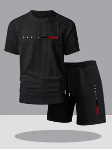 Men's 2-Piece Spring Summer Textured Fabric Letter Pattern Print Short Sleeve T-Shirt Set, Casual Loose Knit Top + Outdoor Drawstring Shorts, Casual Lounge Set