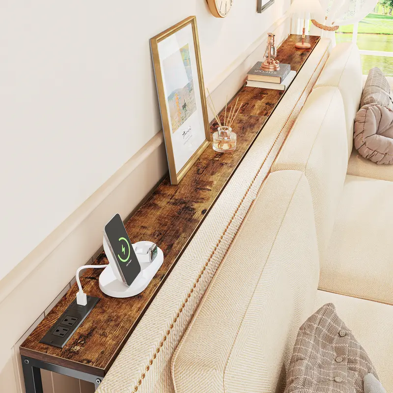 SUPERJARE Long Narrow Couch Table, Adjustable Height Modern Entryway Console Table with Outlet & Charging Station - Living Room Decor, Household Items Decor, Hallway or Behind Sofa Room Accent