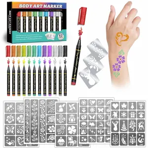 Temporary Tattoo Markers for Kids and Adults, 12 Metallic Markers and 155 Tattoo Stencil Designs, Cosmetic Tattoos Pens for Party Favor Gift and Face Painting