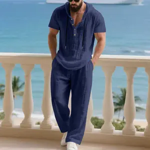 2026 Summer Casual Linen Relaxed-Fit American-Style Minimalist Hooded Short-Sleeved Henley Shirt and Trousers Two-Piece Set Wide Leg Striped Dress Pants