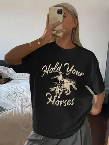 Western Cowboy Letter Slogan Print T-Shirt, Denim Theme Top, Casual Summer Wear, Loose-Fitting Short Sleeve, Women's Daily Clothing, Streetwear