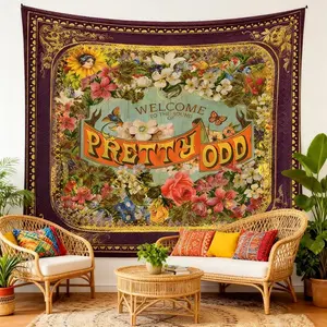 Vintage Letter & Flower & Border Pattern Tapestry, Aesthetic Classical Creative Wall Hanging Decor, Wall Art Decor for Home Living Room Bedroom Gallery Dinning Room