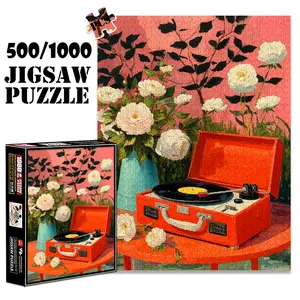 1pc 1000 piece adult puzzle 70x50cm Orange Record Player with White Flowers and Vase 500 pieces of paper jigsaw puzzle, suitable for adults and families, large-scale DIY puzzle interactive toy game
