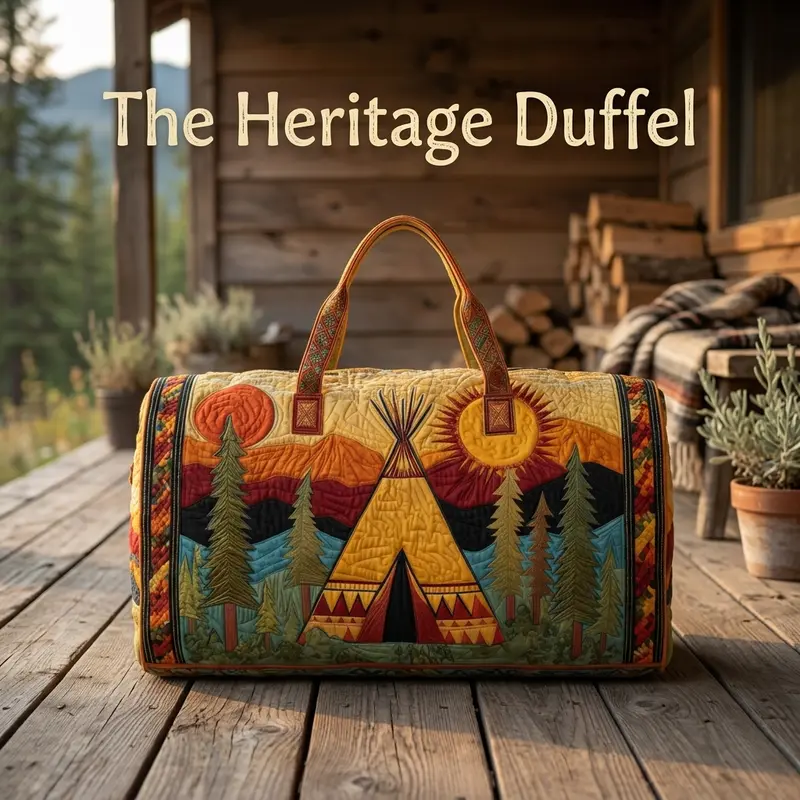 Women Quilted Duffle Bag, Western Teepee Mountain Sunset Forest Patchwork Print Shoulder Handbag, Large Capacity Weekend Camping Travel Bag, Boho Wilderness Landscape Duffle Purse for Short Trip & Shopping
