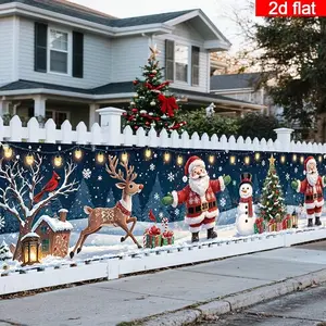 2D Flat Banner 1pc, Winter Wonderland Christmas Banner, Santa, Snowman, Deer, Shiny Effect, Garden, Fence, Balcony, Party, Easy to Hang, No Power Needed