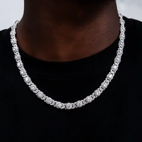 GLD Iced Diamond Station Cuban Chain | 14k White Gold Plating - Hand-Set CZ Diamonds - 16" to 22" Length - Perfect for Necklace Stack - Lifetime Guarantee - Perfect Gift