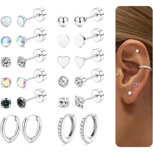 FIASASO 12-Pair Hypoallergenic Flat Back Earrings Set, Surgical Steel Stud Earrings for Women, Multiple Shapes Zirconia Opal Heart Shapes, Stacked Sets for Daily Wear & Multiple Piercings (Silver/Gold)
