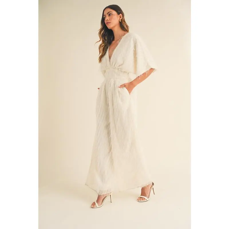 MABLE Fluffy Deep V Neck Wide Leg Jumpsuit