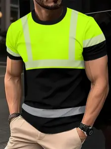 Men's High Visibility Safety Commuter Round Neck Shirt, Fluorescent Reflective Stripes Short Sleeve Top, Casual Fitted Long Tee